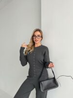 Женский Базовый Графитовый Костюм Трикотажный - Кофта на Кнопках + Штаны Свободного Кроя