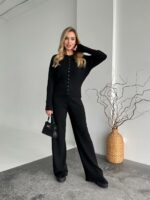 Женский Базовый Черный Костюм Трикотажный - Кофта на Кнопках + Штаны Свободного Кроя
