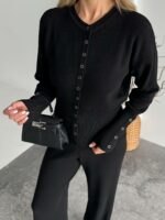 Женский Базовый Черный Костюм Трикотажный - Кофта на Кнопках + Штаны Свободного Кроя