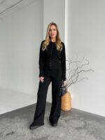 Женский Базовый Черный Костюм Трикотажный - Кофта на Кнопках + Штаны Свободного Кроя