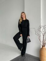 Женский Базовый Черный Костюм Трикотажный - Кофта на Кнопках + Штаны Свободного Кроя