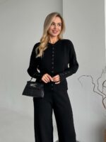 Женский Базовый Черный Костюм Трикотажный - Кофта на Кнопках + Штаны Свободного Кроя