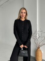 Женский Базовый Черный Костюм Трикотажный - Кофта на Кнопках + Штаны Свободного Кроя