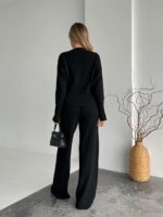 Женский Базовый Черный Костюм Трикотажный - Кофта на Кнопках + Штаны Свободного Кроя