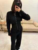 Женский Базовый Черный Костюм Трикотажный - Кофта на Кнопках + Штаны Свободного Кроя
