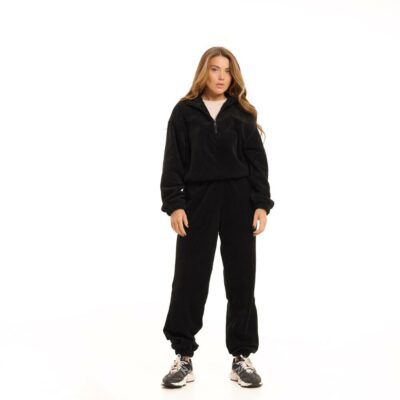 Женский Теплый Флисовый Черный Костюм - Кофта под Горло с Коротким Замком + Штаны Джоггеры