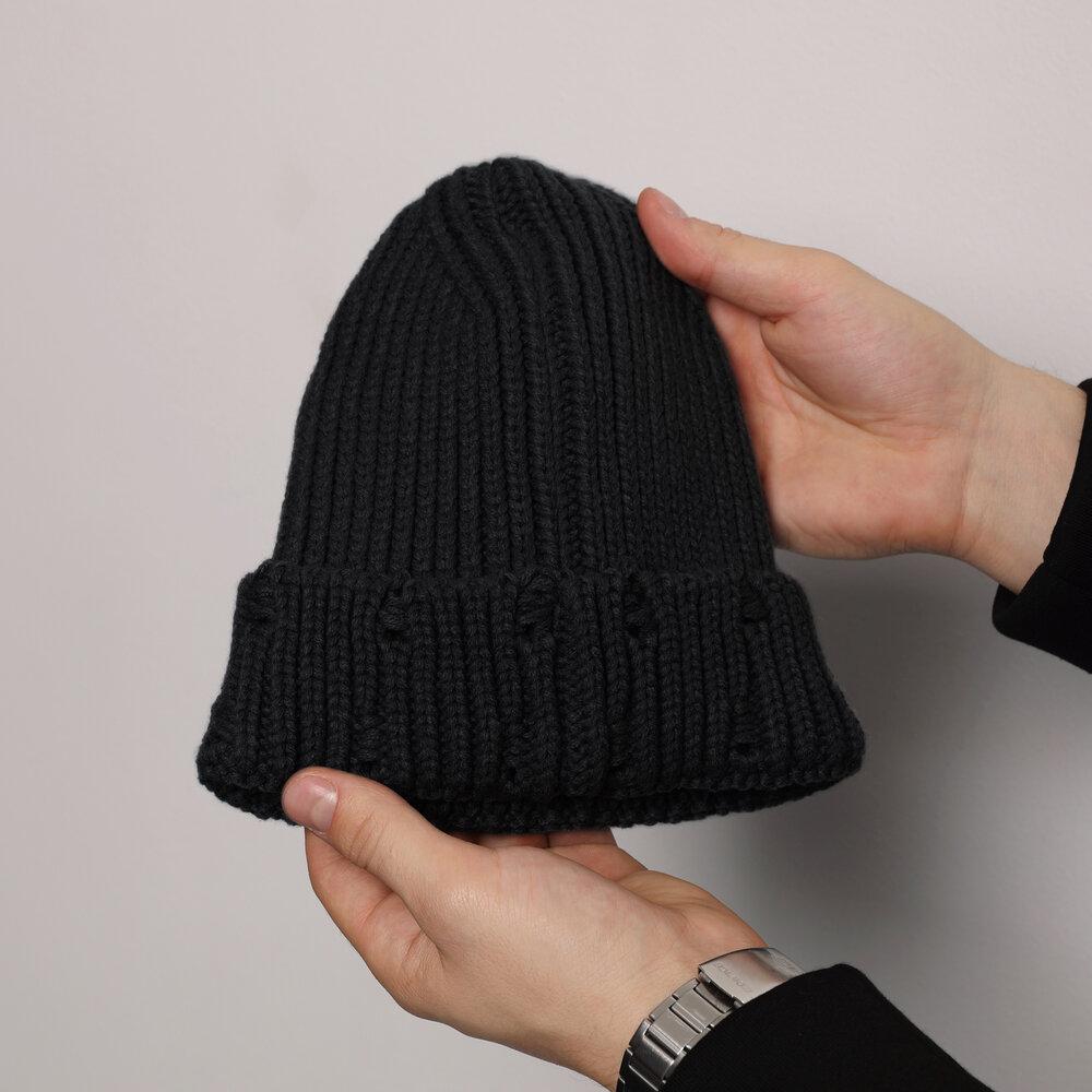 1613d0e6fce3ad7f893e Мужская Вязаная Рваная Черная Шапка с Отворотом