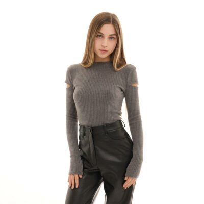 Женская Базовая Серая Кофта Лонгслив в Рубчик с Вырезами на Рукавах