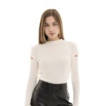 Женская Базовая Молочная Кофта Лонгслив в Рубчик с Вырезами на Рукавах