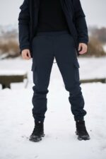 Мужские Утепленные Темно-Синие Штаны Брюки Карго Soft Shell на Флисе - Свободные с Манжетами и Накладными Карманами