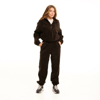 Женский Теплый Флисовый Коричневый Костюм - Кофта под Горло с Коротким Замком + Штаны Джоггеры