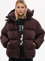 Женская Объемная Коричневая Куртка Дутик с Капюшоном и Высоким Горлом