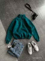 Мужская Базовая Зеленая Кофта Свитшот Свободного Кроя с Высоким Горлом на Замке