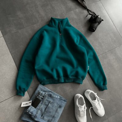 Мужская Базовая Зеленая Кофта Свитшот Свободного Кроя с Высоким Горлом на Замке