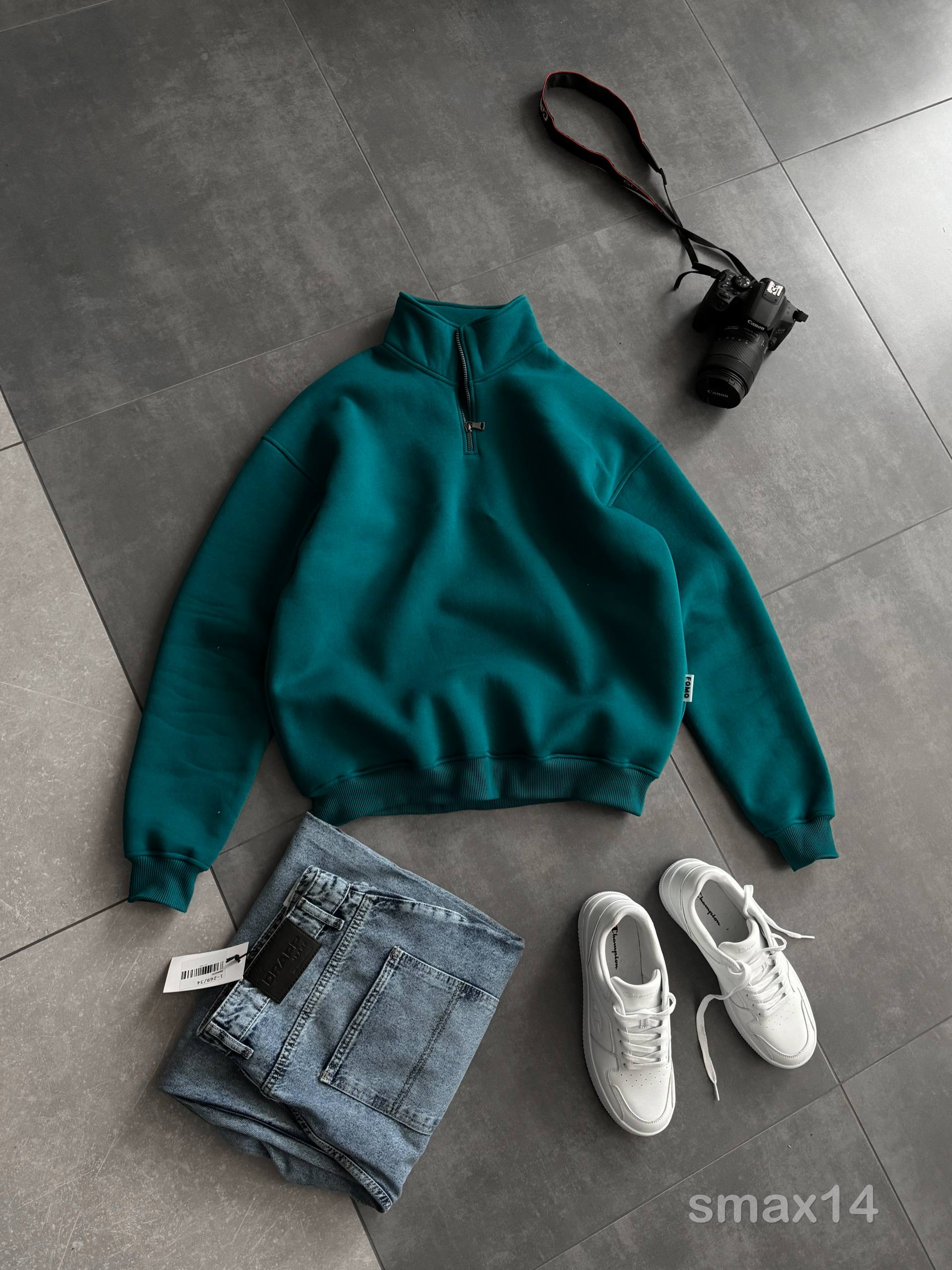 photo_2025-12-01_07-50-31 Мужская Базовая Зеленая Кофта Свитшот Свободного Кроя с Высоким Горлом на Замке