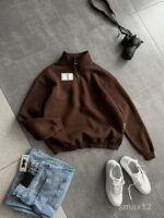 Мужская Базовая Коричневая Кофта Свитшот Свободного Кроя с Высоким Горлом на Замке