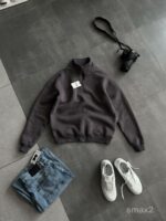 Мужская Базовая Графитовая Кофта Свитшот Свободного Кроя с Высоким Горлом на Замке