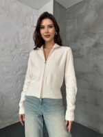 Женская Базовая Молочная Кофта на Молнии под Горло