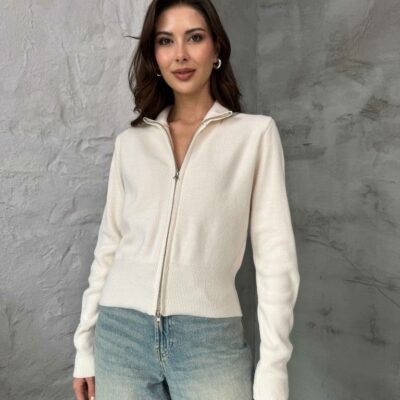 Женская Базовая Молочная Кофта на Молнии под Горло