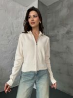 Женская Базовая Молочная Кофта на Молнии под Горло