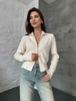 Женская Базовая Молочная Кофта на Молнии под Горло