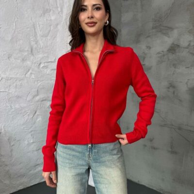 Женская Базовая Красная Кофта на Молнии под Горло