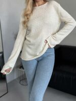 Женская Базовая Молочная Кофта Свободного Кроя с Длинными Рукавами и Текстурной Вязкой