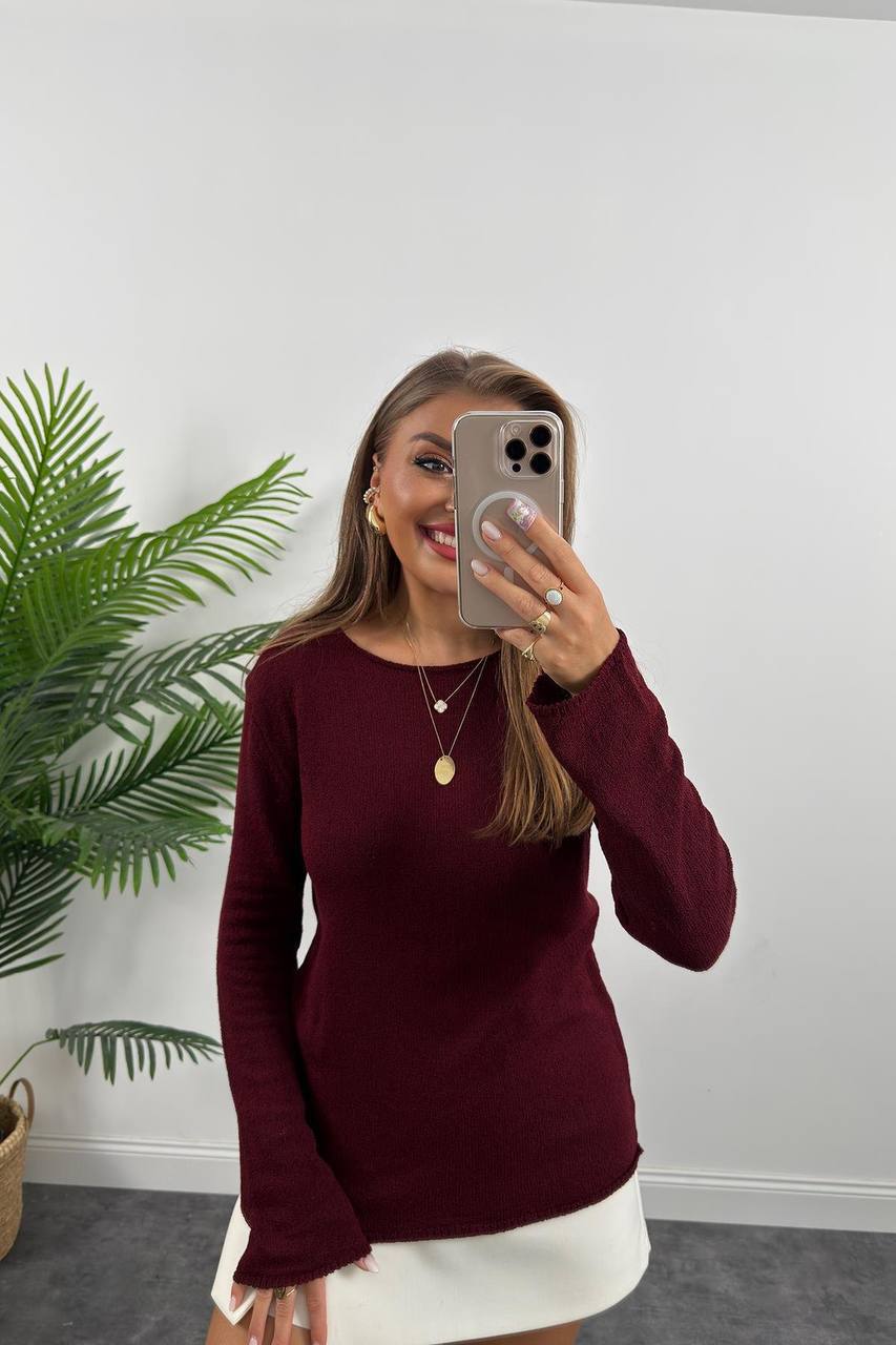 photo_2025-12-01_08-33-18 Женская Базовая Бордовая Кофта Свободного Кроя с Длинными Рукавами и Текстурной Вязкой