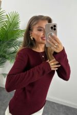 Женская Базовая Бордовая Кофта Свободного Кроя с Длинными Рукавами и Текстурной Вязкой