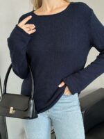 Женская Базовая Темно-Синяя Кофта Свободного Кроя с Длинными Рукавами и Текстурной Вязкой