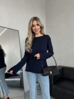 Женская Базовая Темно-Синяя Кофта Свободного Кроя с Длинными Рукавами и Текстурной Вязкой