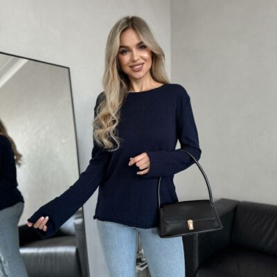 Женская Базовая Темно-Синяя Кофта Свободного Кроя с Длинными Рукавами и Текстурной Вязкой