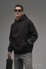 Мужское Черное Худи Оверсайз с Принтом и Вышивкой на Спине