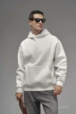 Мужское Белое Худи Оверсайз с Принтом и Вышивкой на Спине