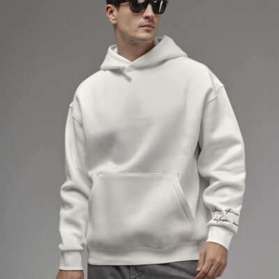 Мужское Белое Худи Оверсайз с Принтом и Вышивкой на Спине