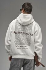 Мужское Белое Худи Оверсайз с Принтом и Вышивкой на Спине