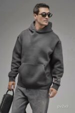 Мужское Темно-Серое Худи Оверсайз с Принтом и Вышивкой на Спине