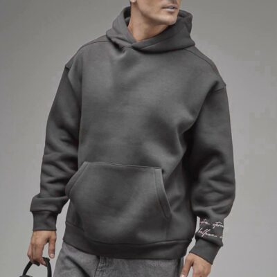 Мужское Темно-Серое Худи Оверсайз с Принтом и Вышивкой на Спине