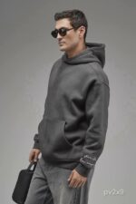 Мужское Темно-Серое Худи Оверсайз с Принтом и Вышивкой на Спине