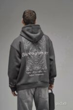 Мужское Темно-Серое Худи Оверсайз с Принтом и Вышивкой на Спине