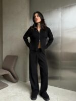Женский Трикотажный Черный Костюм Двойка - Кофта на Молнии + Свободные Штаны Палаццо