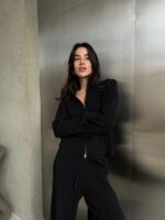 Женский Трикотажный Черный Костюм Двойка - Кофта на Молнии + Свободные Штаны Палаццо