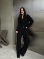Женский Трикотажный Черный Костюм Двойка - Кофта на Молнии + Свободные Штаны Палаццо