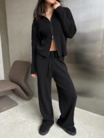 Женский Трикотажный Черный Костюм Двойка - Кофта на Молнии + Свободные Штаны Палаццо