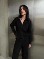 Женский Трикотажный Черный Костюм Двойка - Кофта на Молнии + Свободные Штаны Палаццо