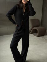 Женский Трикотажный Черный Костюм Двойка - Кофта на Молнии + Свободные Штаны Палаццо