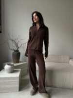 Женский Трикотажный Коричневый Костюм Двойка - Кофта на Молнии + Свободные Штаны Палаццо