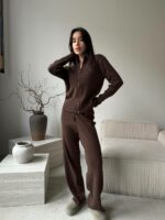 Женский Трикотажный Коричневый Костюм Двойка - Кофта на Молнии + Свободные Штаны Палаццо