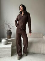 Женский Трикотажный Коричневый Костюм Двойка - Кофта на Молнии + Свободные Штаны Палаццо