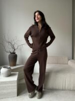 Женский Трикотажный Коричневый Костюм Двойка - Кофта на Молнии + Свободные Штаны Палаццо